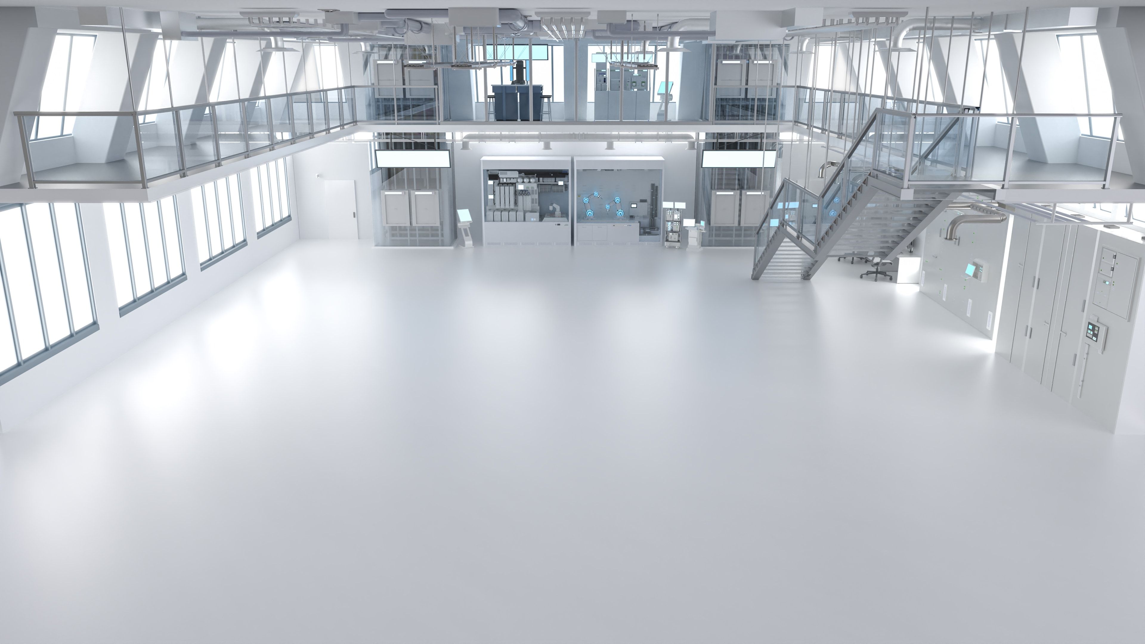 Interior panorámico de planta industrial moderna con líneas de producción